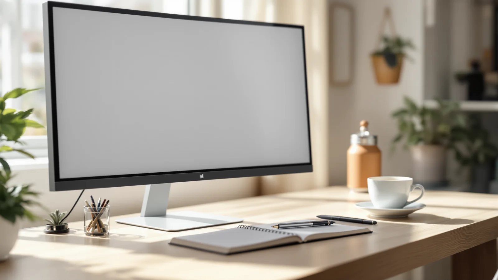A desk with a blank monitor beside a notebook and a coffee cup