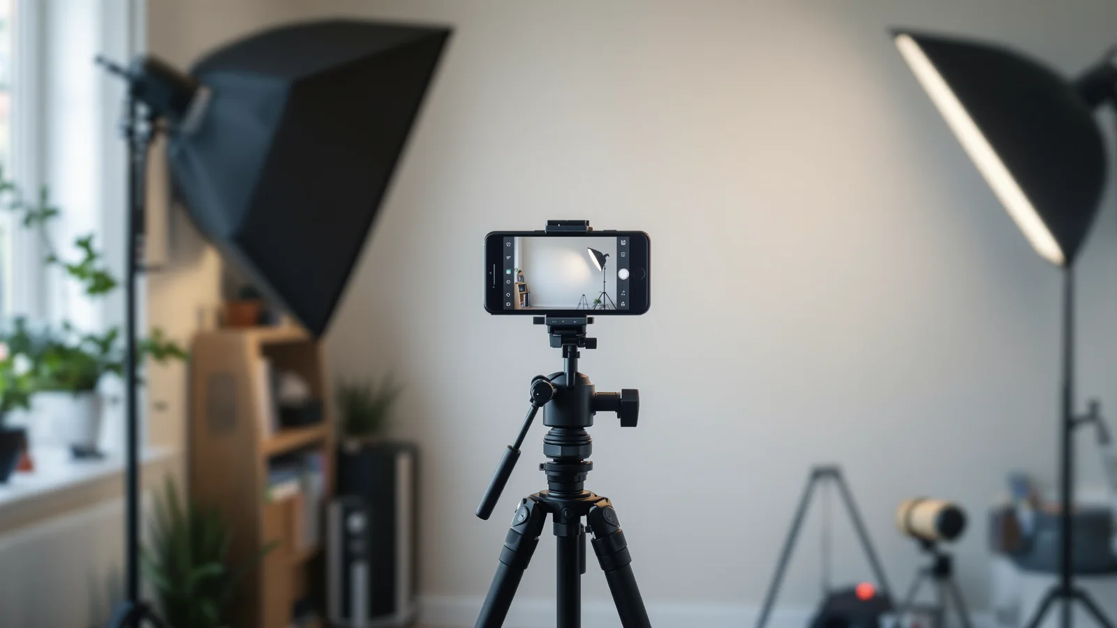 A phone on a tripod filming a person in a room lit by a softbox