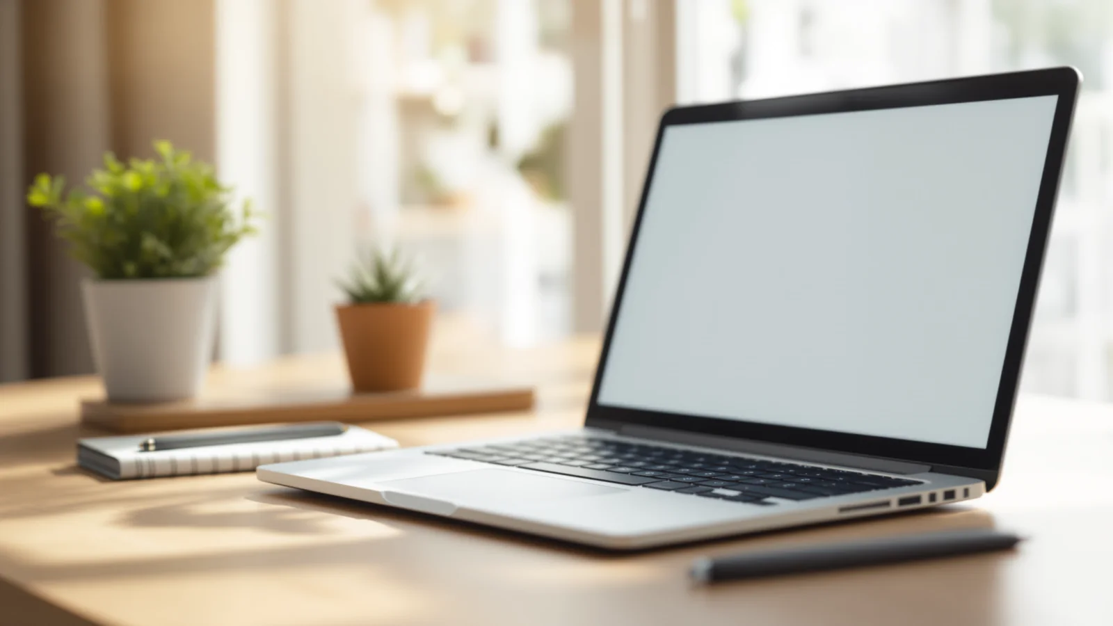 A laptop with a blank screen on a desk beside a notebook and a plant