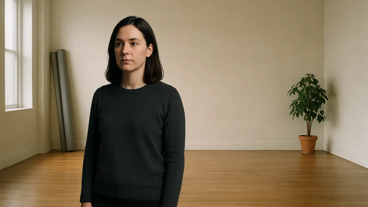 The same cut-out subject composited into a daylit studio room, unchanged apart from what sits behind her.