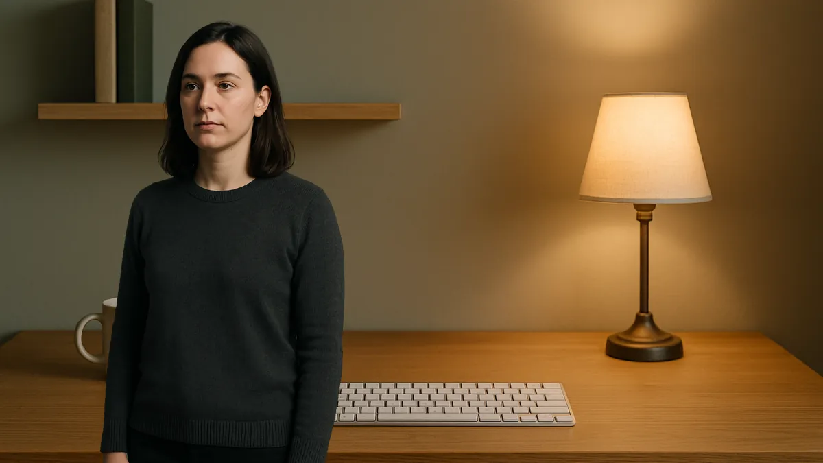 The subject placed left of centre in a widescreen frame, leaving the right of the desk scene clear for a headline.