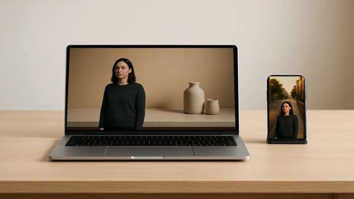 A laptop and a phone on a table, showing the widescreen and vertical versions of the same subject side by side.