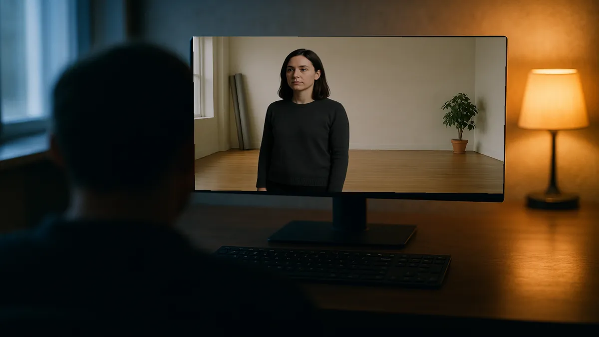 An editing desk in a dim room, an anonymous silhouette in the foreground, the composited scene on the monitor.